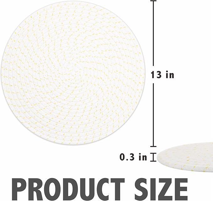 Round Placemats Set of 6, Cotton Rope Woven Table Mats, Hot Pads for Kitchen, Non Slip Heat Resistant Place Mats, 13 Inches Braided Placemat for Farmhouse Decor and Kitchen Table Decor (Beige Line)