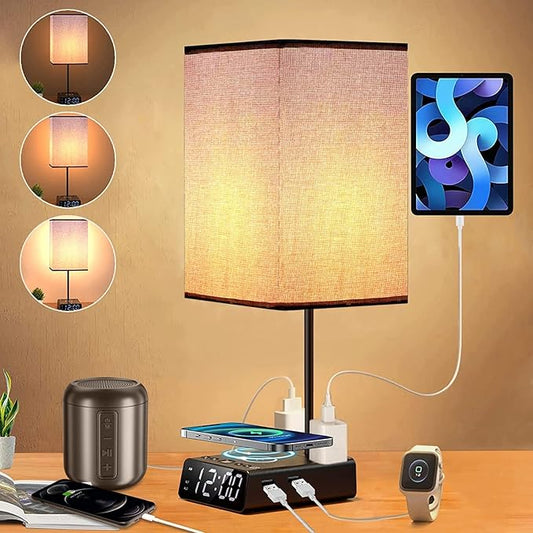 Bedside Lamp with USB Ports & AC Outlets, 15W Wireless Charger Table Lamp with Clock, 3 Way Dimmable Nightstand Lamps for Bedroom Living Room,Touch Lamp with Charging Station,Grey Shade & Black Base