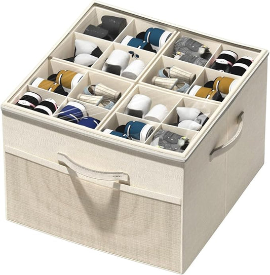Aokeyee Shoe Organizer for Closet,Foldable Shoe Storage Organizer Box Bin with Adjustable Dividers and Clear Cover, Fits up to 16 Pairs (Beige)