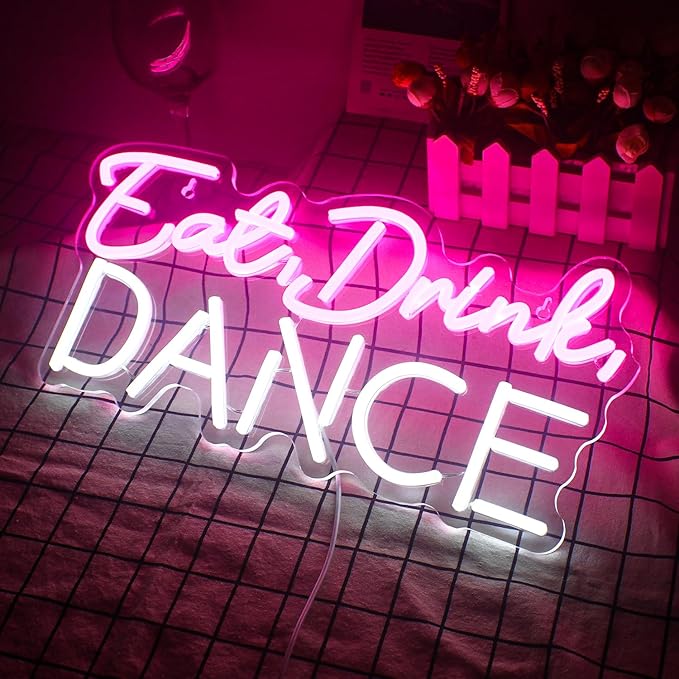 LUCUNSTAR Eat Drink Dance Neon Sign, Purple with White Neon Word Sign, LED Sign for Wall Decor, Dance Studio, Bar, Party, 16.5 X 10.2 Inches