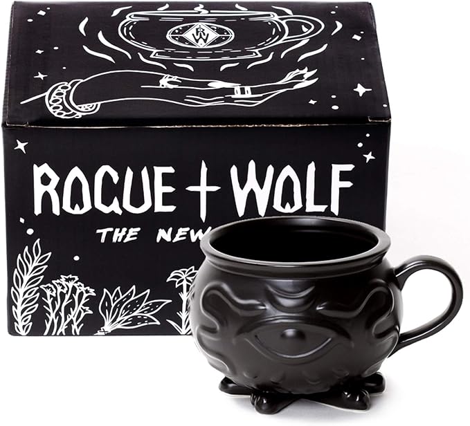 Rogue + Wolf Large Coffee Mug, Big Witch Cauldron Ceramic Mug, Witchcraft Coffee Cups, Ceramic Halloween Decor Spooky Coffee Mugs for Women Porcelain 3D Novelty Gothic Cup Goth Tea Witchy -14 oz 400ml