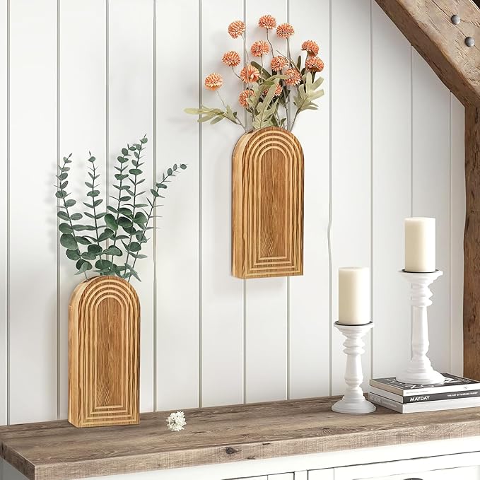2 Pack Wall Decor Wood Planters for Indoor Plants, Modern Planter Bathroom, Living Room, Kitchen Decor, Farmhouse Vase Dried Flowers and Faux Greenery(Rustic Brown)