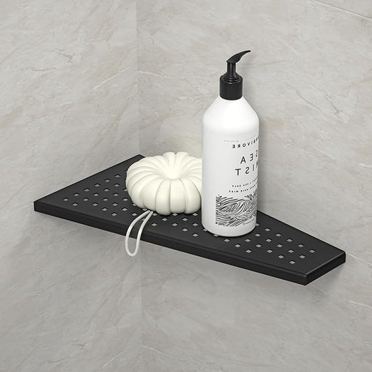 Corner Shower Shelf, Matte Black 12" Trapezoid Floating Shampoo Shelf, 304 Stainless Steel Grid Design Recessed Bathroom Shelf for Tiled Wall, No Drilling
