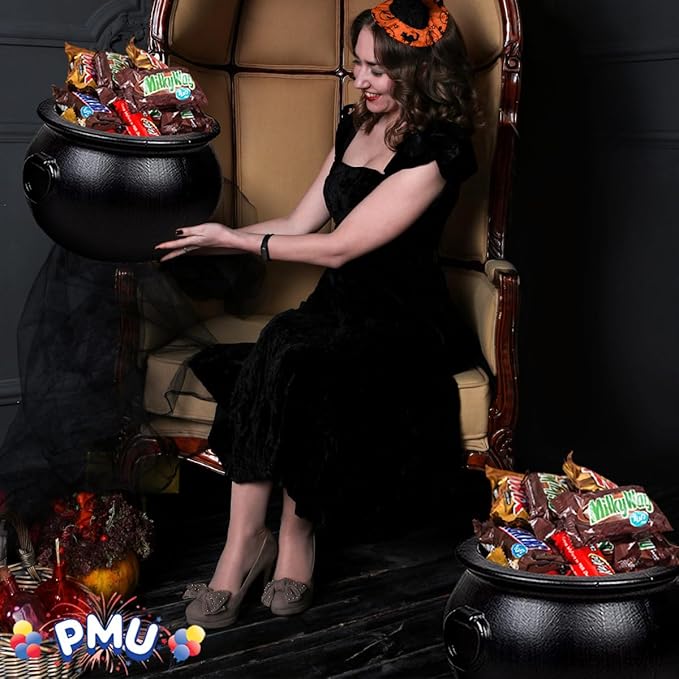 PMU 2pc Halloween Cauldron - Multi-Pack Assortment Plastic Candy Holder for Kids - Halloween Party Favors & Supplies - Black - (1) 16" 20115, (1) 12" 55120