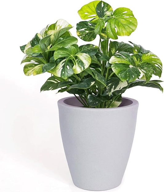 Elly Décor 12 inch Planter for Garden with Drainage, Large Round, Lightweight & Extremely Durable, Deck Indoor/Outdoor Plastic Pot, 12"x12"x7", Light Grey