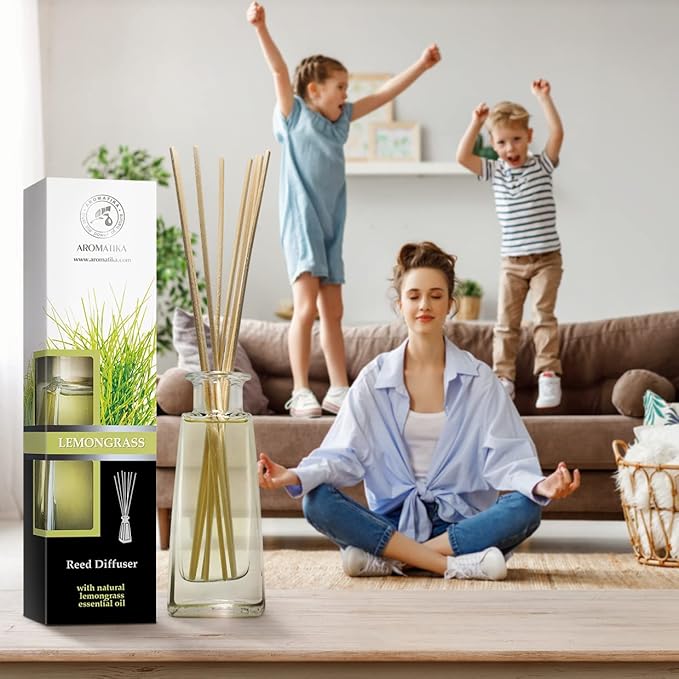 Lemongrass Diffuser w/Lemongrass Oil 3.4 Fl Oz - Scented Reed Diffuser - 0% Alcohol - Diffuser Gift Set - Best for Aromatherapy - Room Air Fresheners - Lemongrass Essential Oil Diffuser