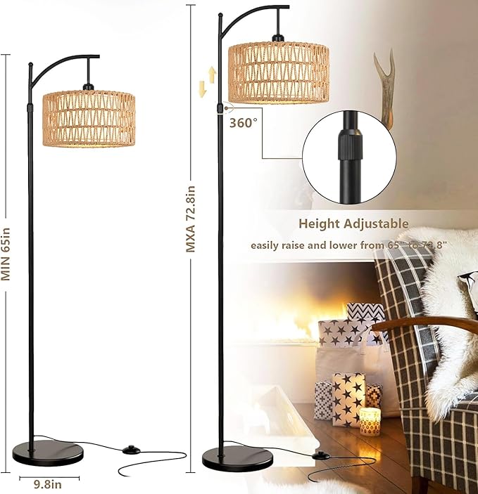 Floor Lamp for Living Room Bedroom with Remote Boho Rattan Arc Standing Lamp Dimmable Black Farmhouse Wicker Bamboo Lamp Shade Floor Light Adjustable Tall Lamp Industrial Floor Lamps Bohemian