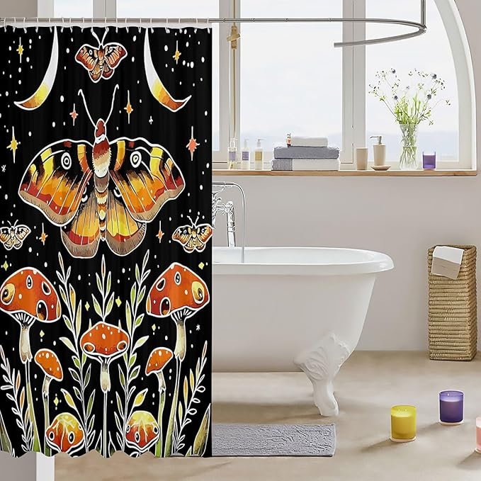 Feelyou Death Moth Shower Curtain Hippy Mushroom Fabric Shower Curtain for Kids Boys Girls Boho Moon Phase Bathroom Waterproof Accessories with 12 Hooks Bohemian Style Curtains,72x78 Inches