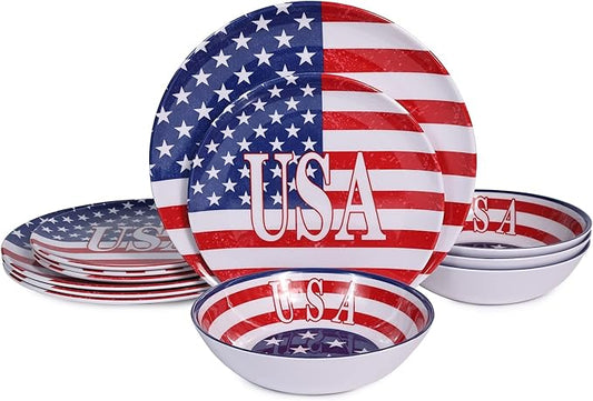 Melamine Dinnerware Sets 12 Pcs Independence Day American Flag Melamine Dinner Plates, Dishes & Bowls Set for 4th July
