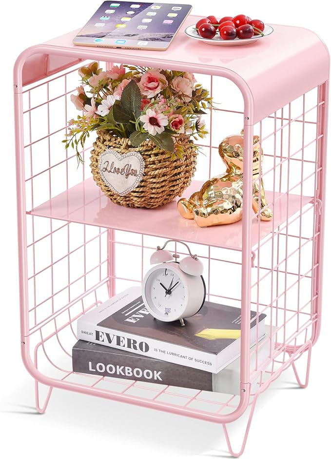 APEXCHASER Cute Kids Pink Nightstand,Metal Side Table,3 Tier End Table with Storage,Vintage Bedside Table,Girls Bedroom Furniture for Living Room,Bedroom,Dorm