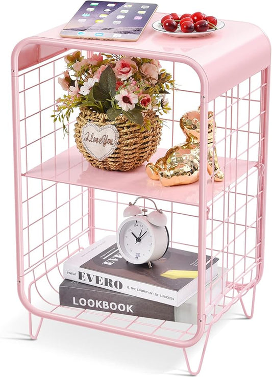 APEXCHASER Cute Kids Pink Nightstand,Metal Side Table,3 Tier End Table with Storage,Vintage Bedside Table,Girls Bedroom Furniture for Living Room,Bedroom,Dorm