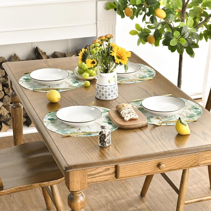 Artoid Mode Eucalyptus Summer Round Placemats Set of 4, 15 Inch Summer Round Table Mats for Dining Decoration