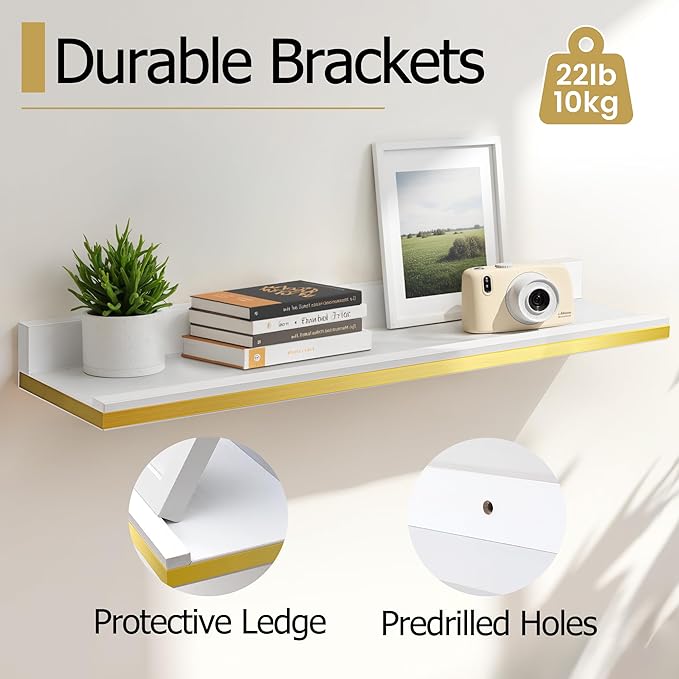 Gronda Floating Shelves for Wall with Ledge,White and Gold Picture Ledge Shelf Floating Shelves with Lip, 23.6 Inch Long Storage Shelves Wall Mounted for Bathroom Kitchen Bedroom Shelf Decor,Set of 2