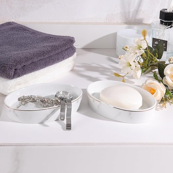 Soap Dish, Ceramic White Marble Soap Holder Soap Bar Holder, Oval Soap Dish for Shower Bathroom Kitchen Sink, Easy Clean, ANTIS'S HOME