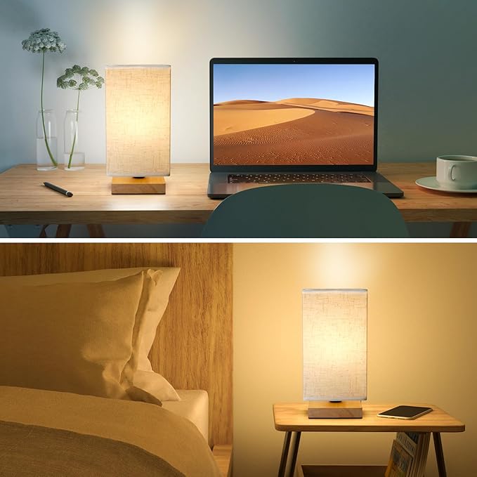 Small Square Bedside Table Lamp for Bedroom set of 2,Minimalist Wood Base & Round Fabric Shade,Mini Cute Cozy Warm Nightstand Boho Lamp, Study Desk Night Stand Light for Room,Dorm,Nursery,Living Room