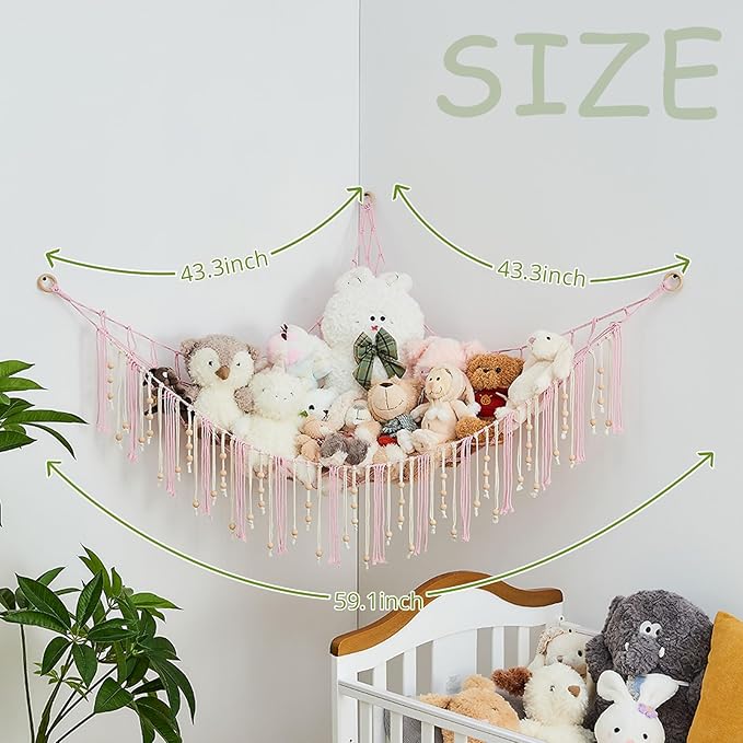 Pretty Jolly Stuffed Animal Storage Hammock with Wooden Beads Corner Hanging Net Boho Tassel for Toy Plush Holder for Kid Room Nursery Decor Wall Display Organizer for Girls Boy Gift(Light Pink)