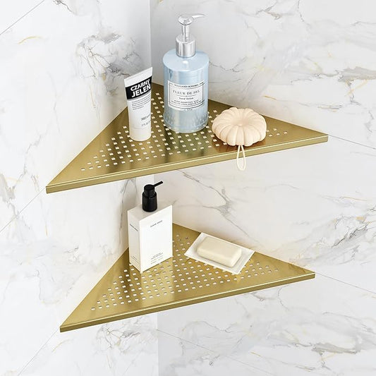 2 Pack Bathroom Corner Shelf, Recessed 12" Corner Shower Shelf, SUS304 Stainless Steel Triangular Wall Mount, No Drilling, Brushed Golden