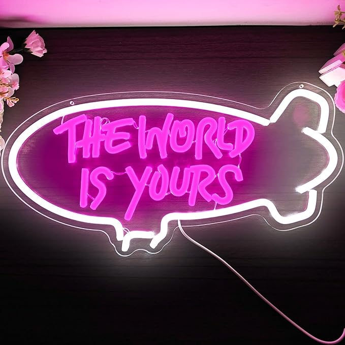 The World Is Yours Neon Signs for Wall Decor Dimmable Airship Led Neon Signs Light Up Signs for Bedroom Wedding Neon Lights Signs for Valentines Day Bar Club Decor Birthday Party Gift