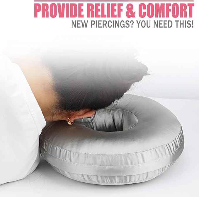 Satin Ear Piercing Pillow Removable Cover Luxury Cnh Pillow with Ear Holes for Ear Pain Side Sleepers Washable Large Donut Pillows Head Neck Support Gray