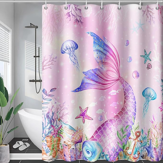 AILONEN Mermaid Shower Curtain for Kids Women Girls, Pink Ocean Coral Jellyfish Coast Bathroom Curtain,Mermaid Tail Print Bath Curtain 72" W*96" H Polyester Waterproof Shower Curtain with 12 Hooks