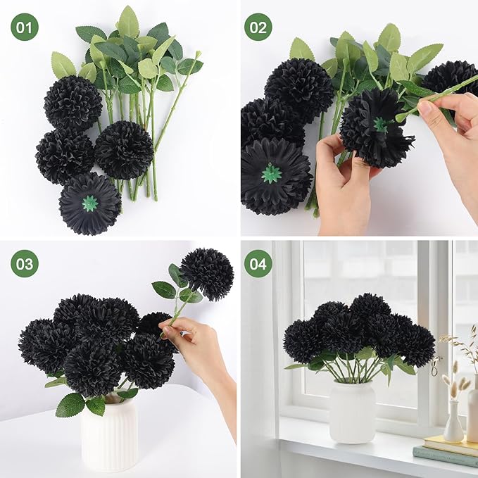Hananona 12 Pcs Artificial Chrysanthemums Flowers Ball Flower, Fake Mums Flowers Black Silk Plants for Ghothic Home Decor Indoor Floral Arrangement Halloween Table Centerpiece (12, Black)