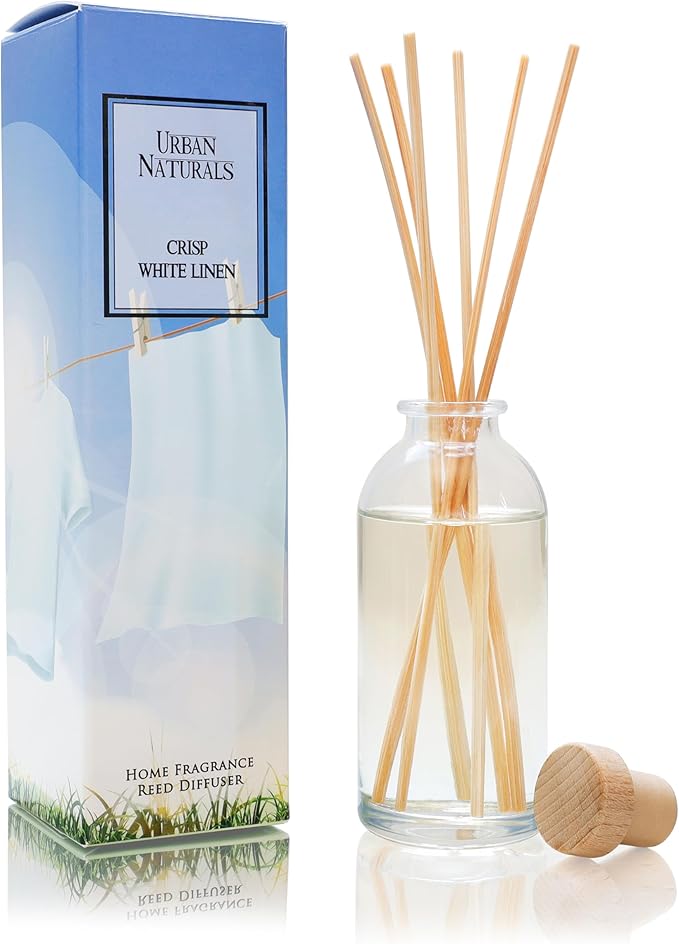 Urban Naturals Crisp White Linen Reed Diffuser Gift Set | with Citrus, Ozone, Ylang-Ylang, Lilies & Sandalwood Scent Notes for a Fresh, Clean Cotton Smelling Home | Made in The USA – Great Deal!