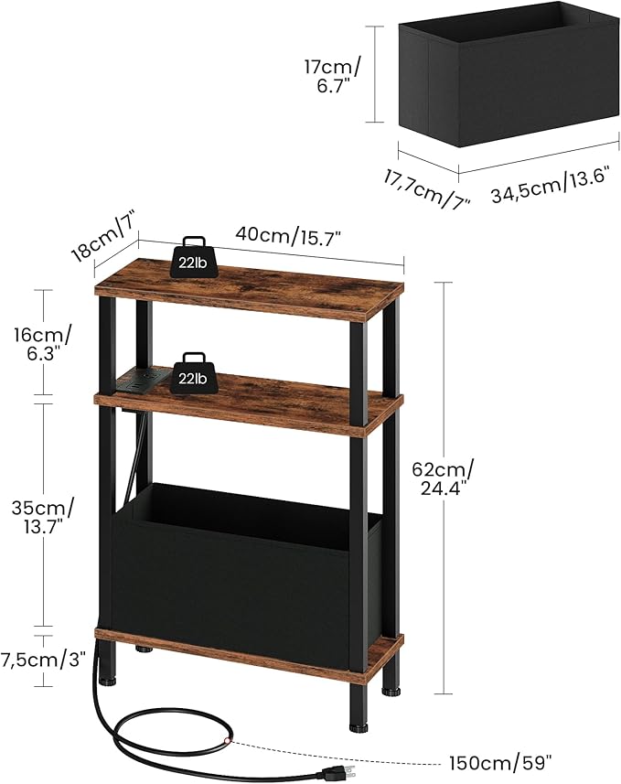Small Narrow Side Table with Charging Station, Skinny End Table with Fabric Basket, Slim Nightstand for Small Spaces, Sofa Side Table, for Living Room, Bedroom, Rustic Brown and Black TBZ07UBF