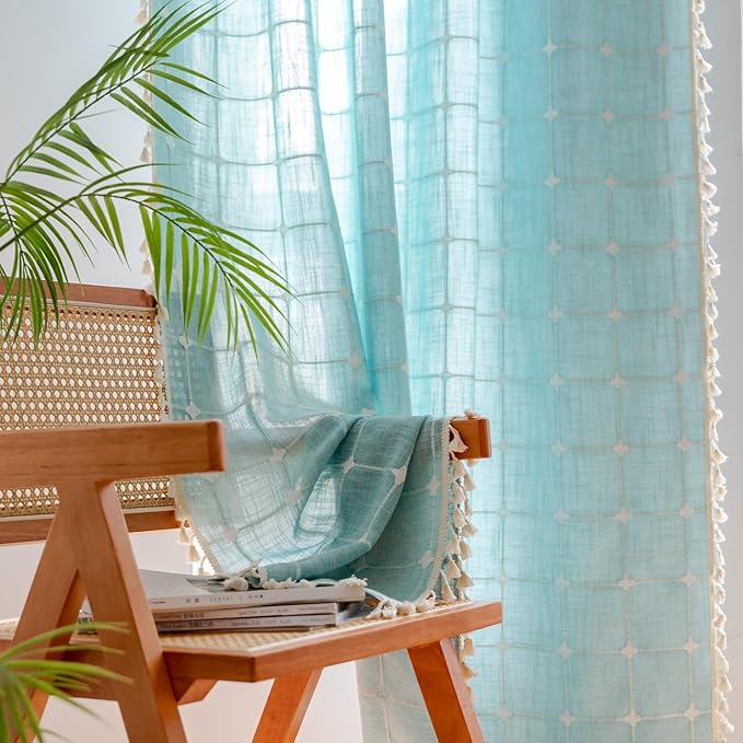 Sutuo Home Boho Curtains 90 Inches Long for Bedroom Living Room, Plaids Farmhouse Tassels Semi Blackout Linen Window Treatment Bohemian Embroidery Drape,Rod Pocket 1 Panel 52" W x 90" L, Aqua Blue