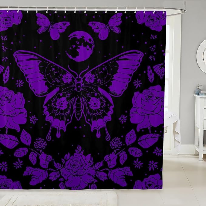 Feelyou Purple Butterfly Fabric Shower Curtain Cover Botanical Floral Shower Curtain for Kids Boys Girls Butterflies Bathroom Waterproof Accessories with 12 Hooks Flying Curtains,72x84 Inches