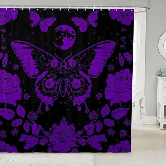 Feelyou Purple Butterfly Fabric Shower Curtain Cover Botanical Floral Shower Curtain for Kids Boys Girls Butterflies Bathroom Waterproof Accessories with 12 Hooks Flying Curtains,72x72 Inches