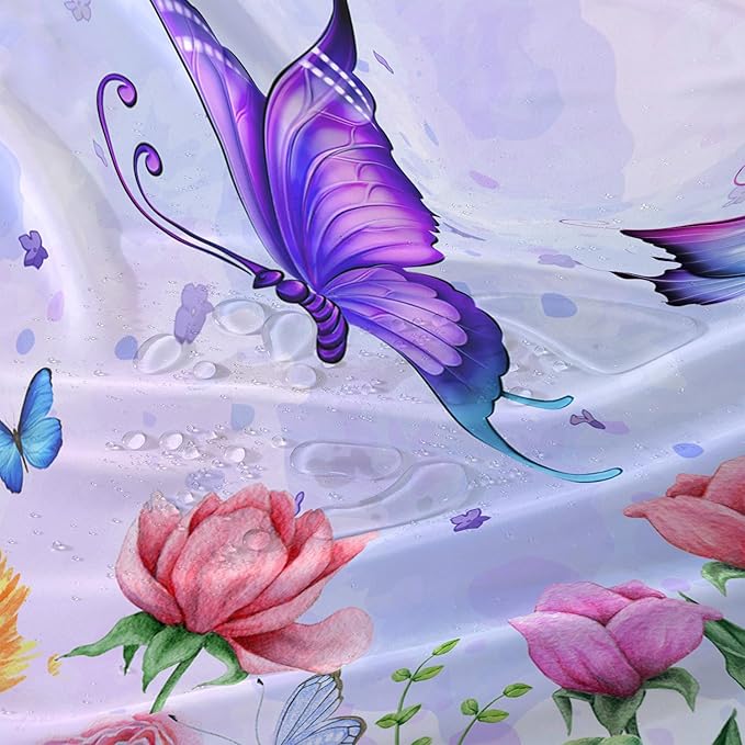 AILONEN Girls Butterfly Shower Curtain for Bathroom,Colorful Floral Flower Purple Watercolor Butterfly Printed Bath Curtain 36" W*72" H Polyester Fabric Waterproof Bathroom Curtain with 12 Hooks