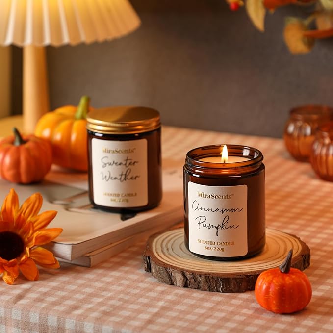Fall Scented Candle Set, 2 Pack Fall Pumpkin Candles, Autumn Soy Candle Set, Fall Candle Gifts, Autumn Candle for Home Scented, Fall Scents of Cinnamon Pumpkin, Sweater Weather