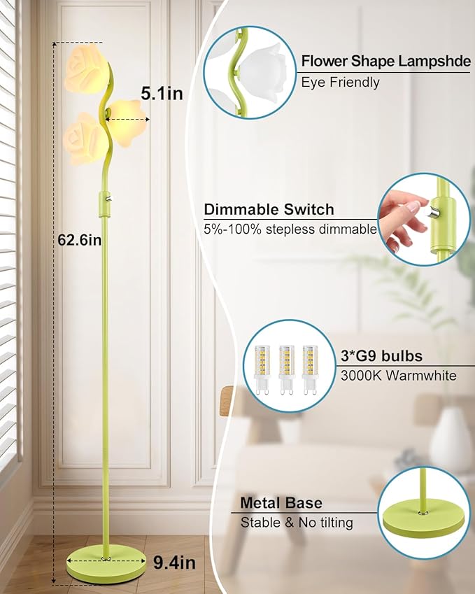 Dimmable Green Floor Lamp, Unique Cute Flower Standing Lamps with 3 Globe Soft Warm White 3000K Bulbs, Mid Century Modern Floor Lamp for Living Room Bedroom Home Decor