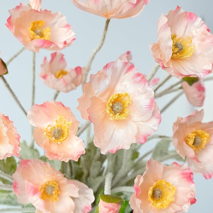 Boho Flowers Light Pink Poppy Artificial Flowers,6 Stems Poppies Lifelike Silk Flowers Fake Plant for Wedding Table Centerpiece Home Cemetery Bouquet Indoor