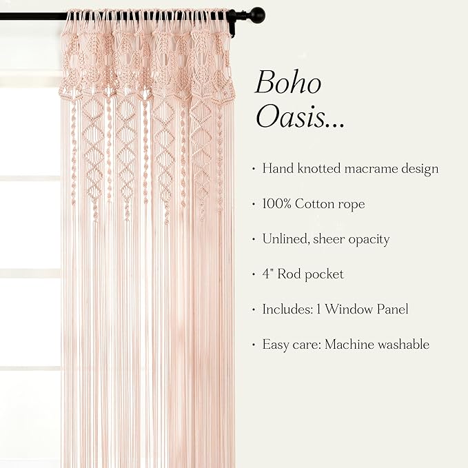 Lush Decor Boho Macrame Textured Cotton Window Curtain Panel, Single Panel, 40" W x 84" L, Blush - Doorway Curtain - Room Divider, Wedding Or Wall Decor - Boho Curtain - Macrame Curtains for Windows