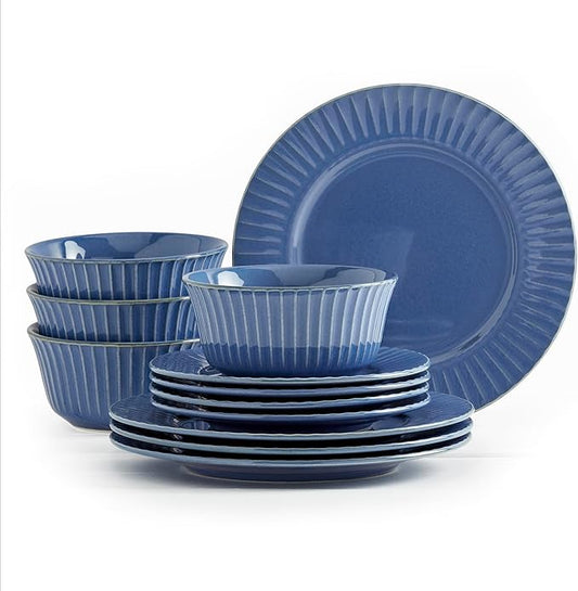 Tabletops Gallery Richmond 12-Piece Reactive Glaze Stoneware Dinnerware Set of Kitchen Dishes, Dinner Plates, Cereal Bowls, Service for 4, Blue