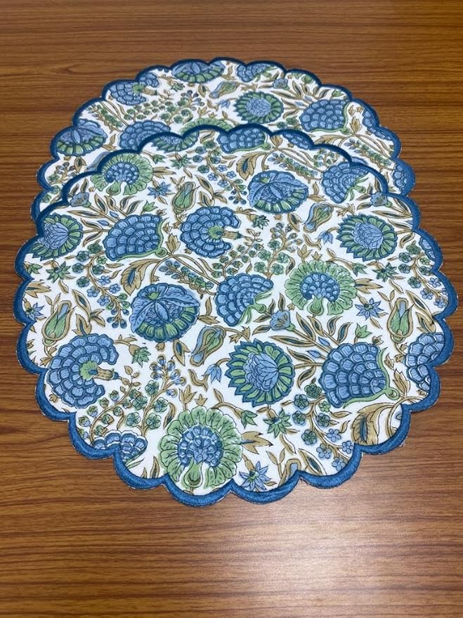 Ridhi Bo-ho Round Place Mat Easter Floral Cotton Washable Placemats 15" Round Embroidery Block Print Table Mat (Pack of 4-15 Inch Round, Asparagus Green)