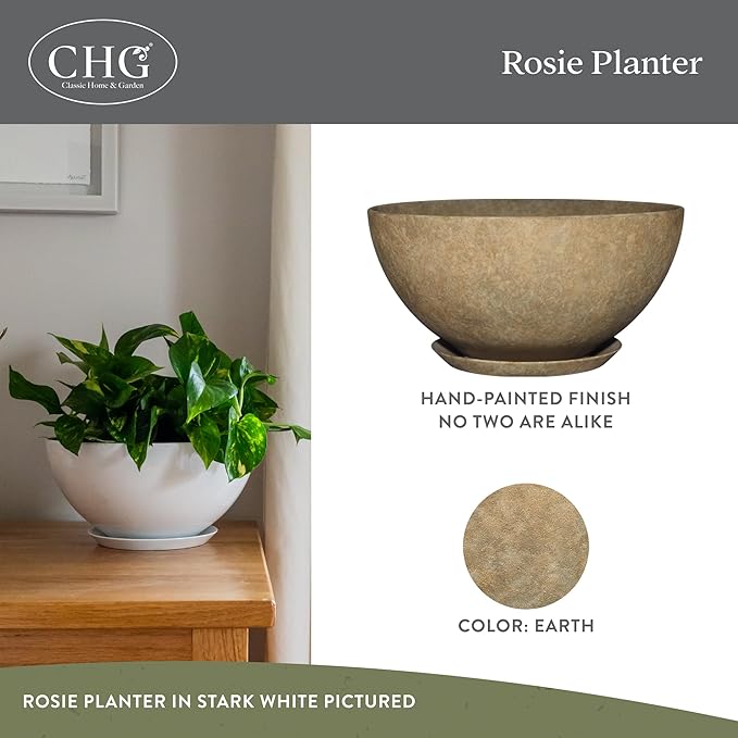 Classic Home and Garden Rosie Modern Planter w/Drainage - Contemporary Planter Bowls - Shallow Round Vases for Small Plants - Versatile Indoor & Outdoor Pots (10” Earth)