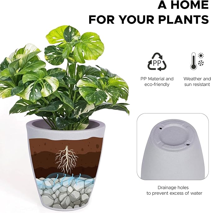 Elly Décor 12 inch Planter for Garden with Drainage, Large Round, Lightweight & Extremely Durable, Deck Indoor/Outdoor Plastic Pot, 12"x12"x7", Light Grey