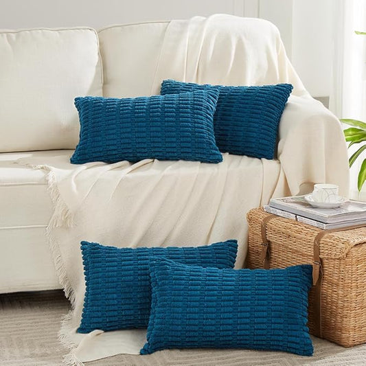 Fancy Homi 4 Packs Teal Lumbar Decorative Throw Pillow Covers 14x24 Inch for Living Room Couch Bed Sofa, Farmhouse Boho Home Decor, Soft Striped Corduroy Rectangle Cushion Case 35x60 cm