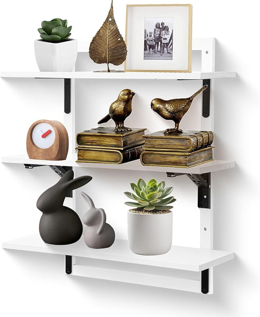 24-Inch Floating Shelves for Wall，3-Tier Wooden Wall Mounted Kitchen Shelves with Foldable Brackets,Hanging Wall Shelves for Living Room, Coffee Bar，Bedroom, Bathroom,Classic White