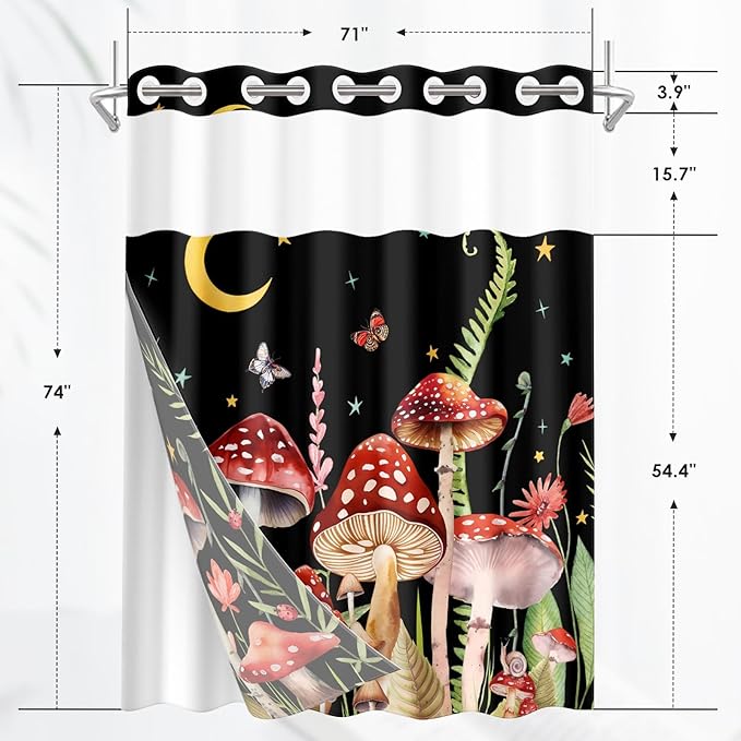Mushroom Floral Flower No Hook Shower Curtain with Snap in Liner, Red Black Leaf Moon Bath Curtain with Double Layers Waterproof Fabric and Mesh Top Window 71x74 Inch
