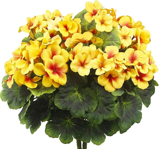2 Pcs Artificial Geraniums for Outdoor Silk Geranium Flowers Yellow Artificial Geranium Bush Faux Flowers Geraniums Branch for Garden Patio Grave Cemetary Vase Table Centerpiece Indoor Decor