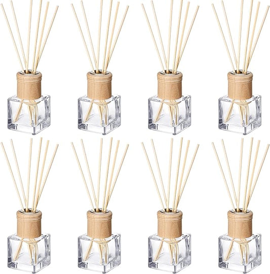 Roshtia 8 Set Reed Diffuser Bottle Empty Refillable Fragrance Glass Diffuser Bottles with Wooden Caps Rattan Sticks 50ml 1.7 oz Glass Jars for DIY Fragrance