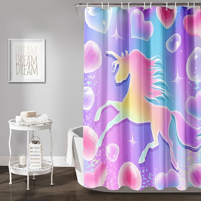 AILONEN Girls Unicorn Shower Curtain for Bathroom, Pink Hearts Rainbow Unicorn Bath Curtain,Cute Unicorn Kids Shower Curtain 72" W*72" H Polyester Waterproof Bathroom Curtain with 12 Hooks