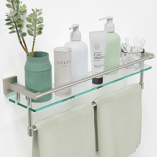 Bathroom Glass Shelf with Towel Bar/Rack 24 inches Wall-Mounted Shelves Tempered Glass Sink Toilet Organizer Shower Towel Decorative Storage (Brushed Nickel, 24IN)