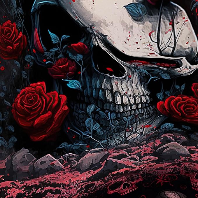 AILONEN 3D Skull Shower Curtain,Oil Ren Rose with Ruins Skull Skeleton Design Shower Curtain Set for Boys Girls Teens,Gothic Skull Waterproof Fabric Shower Curtain for Bathroom,48" W*72" H