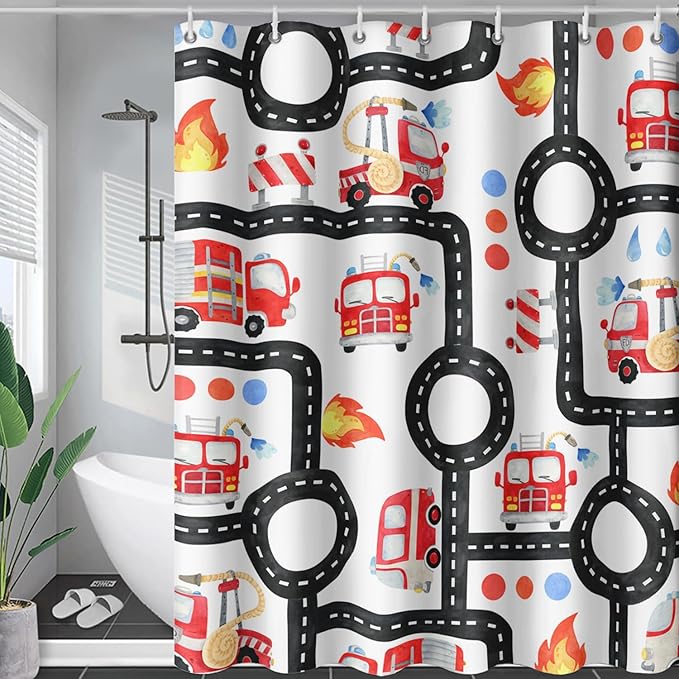 AILONEN Fire Truck Shower Curtain for Boys Bathroom Decor,Firemen Truck Bath Curtain,Construction Truck Printed Kids Curtain,Waterproof with 12 Plastic Hooks, 72" W x 84" H