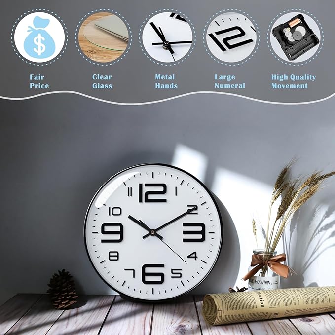 Plumeet Wall Clock, 12'' Bedroom Wall Clocks Battery Operated, Silent Quartz Clock Decorate Kitchen Living Room, 3D Numbers Display Easy to Read, White