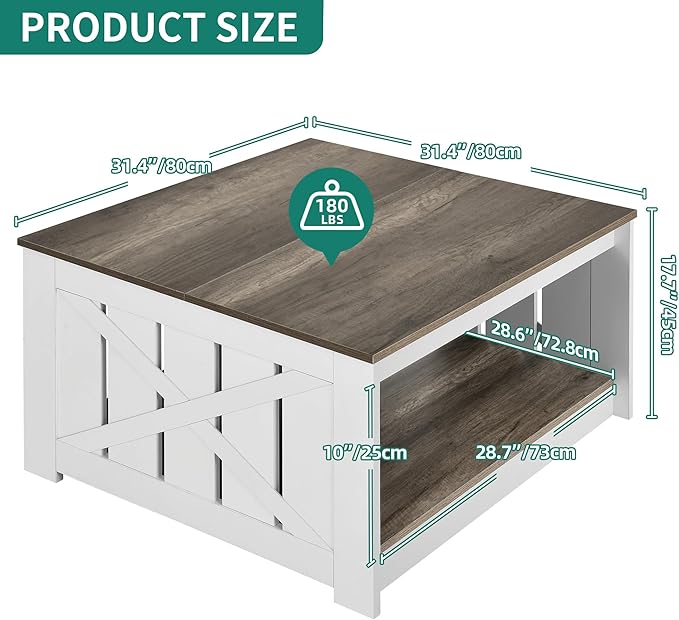 YITAHOME Coffee Table Farmhouse Coffee Table with Storage Rustic Wood Cocktail Table, Square Coffee Tables for Living Meeting Room with Half Open Storage Compartment, White and Light Brown